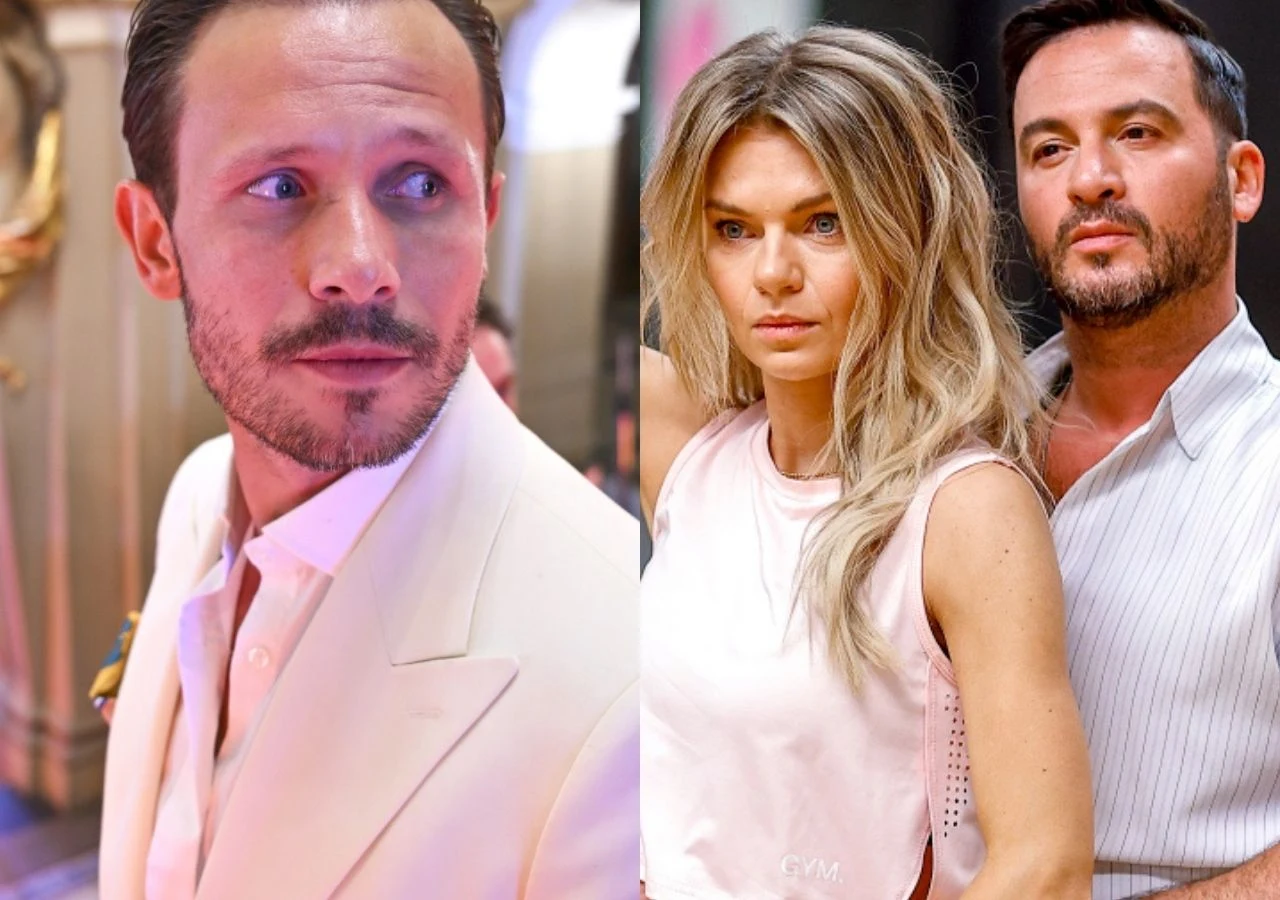 Mateusz Banasiuk, Emilia Komarnicka, Stefano Terrazzino Mężczyzna w białym garniturze z zarostem patrzy w bok, na drugim ujęciu kobieta o blond włosach w jasnej stylizacji stoi obok ciemnowłosego mężczyzny, oboje patrzą poważnie przed siebie.