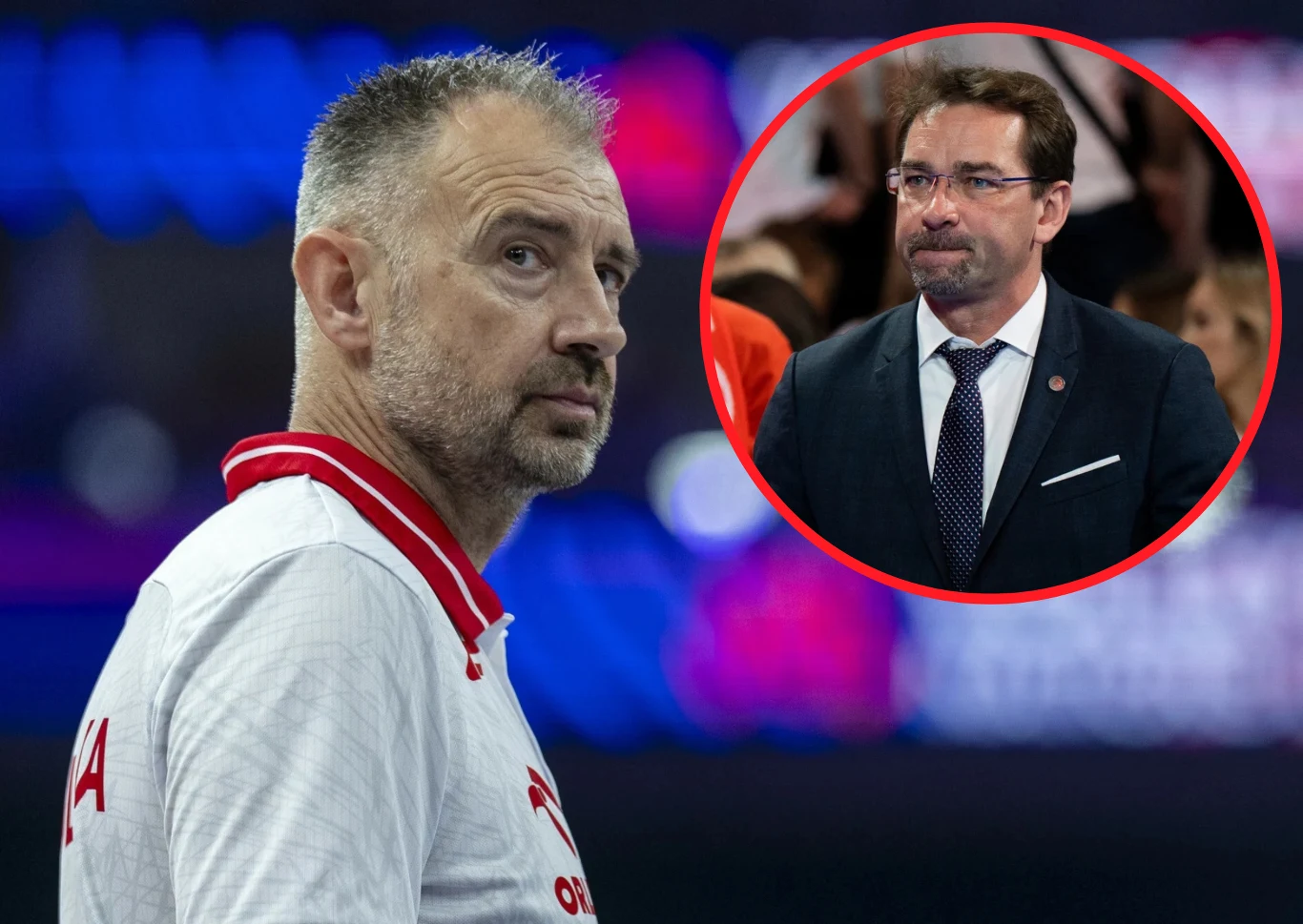 Mistrzostwa Europy w nowym terminie? Sebastian Świderski jasno mówi o tym, co może czekać drużynę Grbicia już od 2029 r. Mężczyzna w sportowej koszulce z czerwonym kołnierzykiem na pierwszym planie, w tle okrągłe wstawienie przedstawiające innego mężczyznę w garniturze, sugerujące relację lub porównanie między tymi osobami.