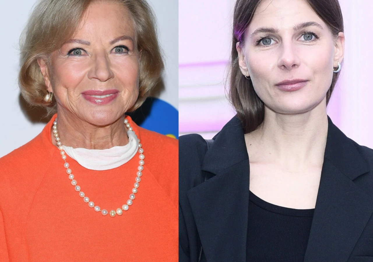 Bożena Dykiel, Marta Wierzbicka Dwie kobiety, każda na osobnym tle, starsza pani w pomarańczowej bluzce i naszyjniku z pereł, młodsza kobieta w czarnej marynarce, obie patrzą w obiektyw.