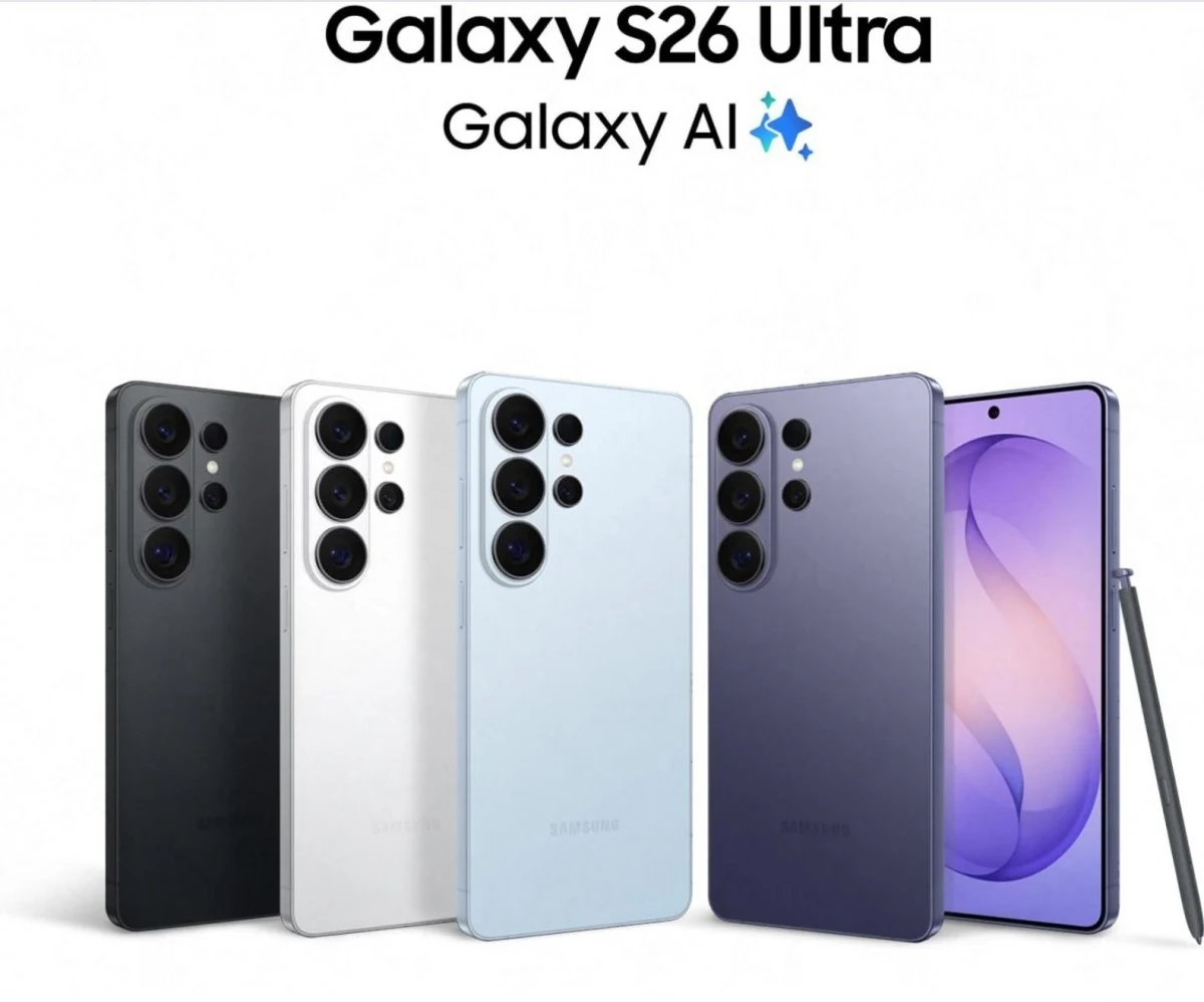 Cztery smartfony Galaxy S26 Ultra w różnych kolorach stoją obok siebie, obok nich rysik oraz wyświetlacz jednego z telefonów prezentujący grafikę. Na górze widnieje nazwa modelu oraz informacja o obsłudze funkcji Galaxy AI.
