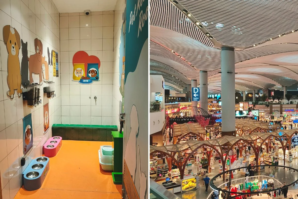 Zaskakująca strefa na tureckim lotnisku. Zwierzaki mogą odsapnąć Po lewej stronie specjalne pomieszczenie dla zwierząt z miskami na wodę i jedzenie oraz rysunkami psów i kotów na ścianach. Po prawej stronie przestronna hala lotniska z licznymi sklepami, jasnym oświetleniem i nowoczesną architekturą.