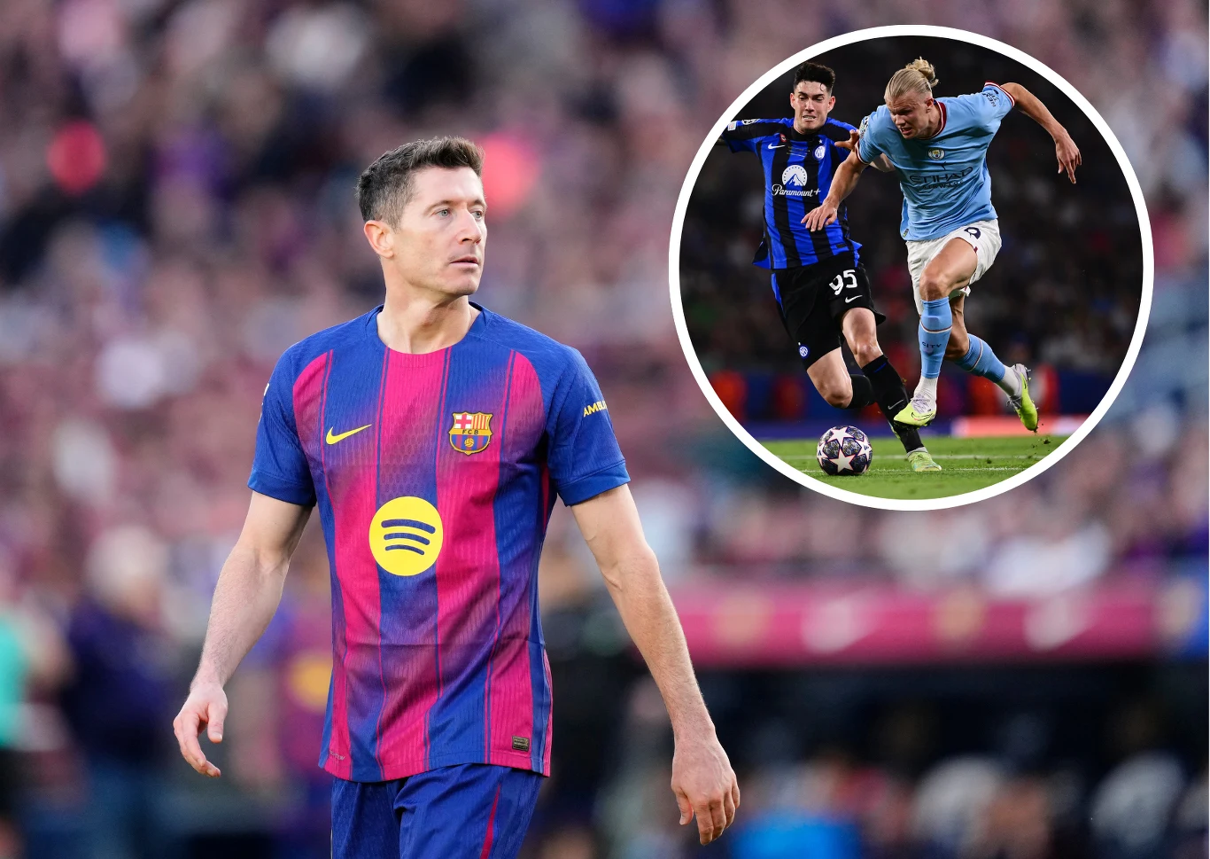 Piłkarz w stroju FC Barcelony podczas meczu na stadionie, w tle rozmyta publiczność. W prawym górnym rogu okrągły wstawiony fragment innego meczu ukazujący dwóch piłkarzy walczących o piłkę.