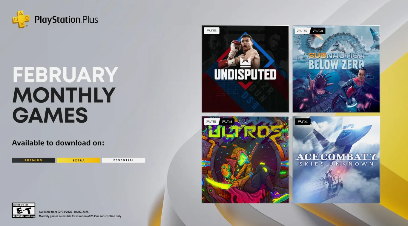 Cztery okładki gier wideo na konsole PlayStation 5 prezentowane obok siebie wraz z informacją o dostępności tych tytułów w ramach comiesięcznej oferty PlayStation Plus na luty, na szarym tle z żółtym logo PlayStation Plus.