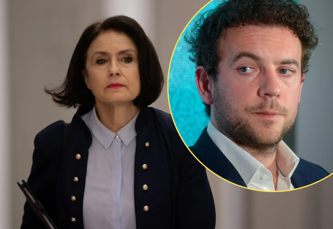 Posłanka PiS Agnieszka Wojciechowska van Heukelom i wiceprezydent Łodzi Tomasz Piotrowski Kobieta o ciemnych, prostych włosach w eleganckim stroju patrzy poważnie przed siebie, obok w okrągłej ramce znajduje się wizerunek młodego mężczyzny z kręconymi włosami i zarostem ubrany w jasną koszulę i marynarkę.