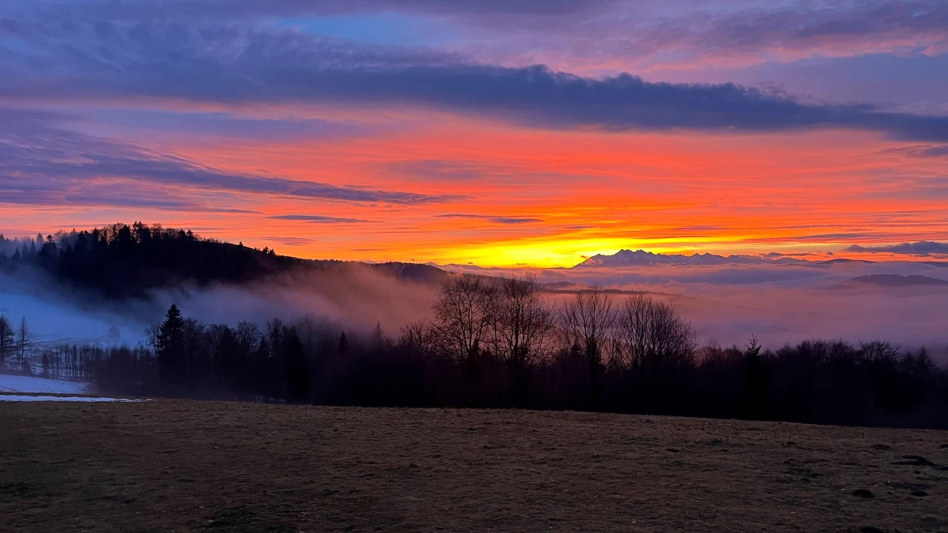 Kolorowy zachód słońca nad górskim krajobrazem, delikatne mgły unoszą się nad lasem oraz polaną, a na horyzoncie zarysowują się sylwetki wzgórz i drzew.