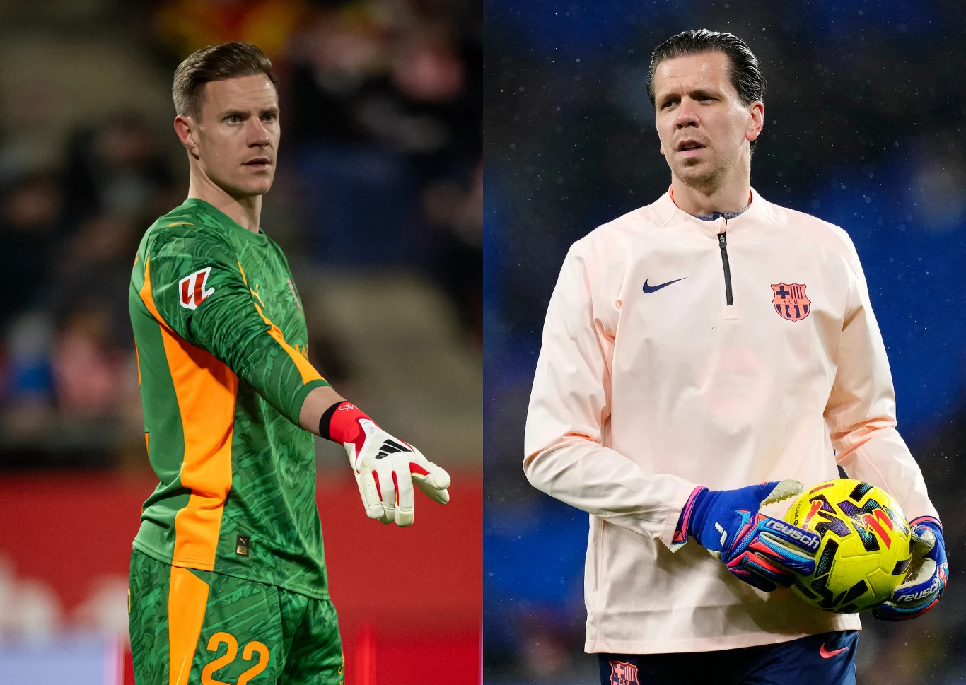 Dwóch piłkarzy klubu FC Barcelona trzymających piłki na boisku, pierwszy ubrany jest w zielono-pomarańczowy strój bramkarza z numerem 22, drugi w białą bluzę z herbem klubu.