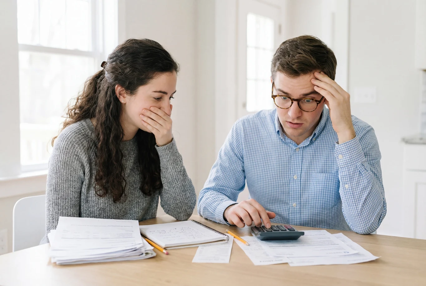 Są długi, które nigdy się nie przedawniają. Młoda para siedzi przy stole zalanym rachunkami i dokumentami, mężczyzna korzysta z kalkulatora, a kobieta wygląda na zaniepokojoną, trzymając rękę przy ustach.