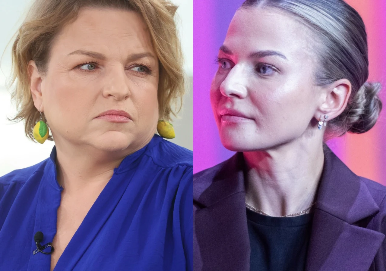 Katarzyna Bosacka, Anna Lewandowska Dwie kobiety o poważnych wyrazach twarzy, jedna ubrana w niebieską bluzkę i żółte kolczyki, druga w ciemnej marynarce i delikatnych kolczykach, tło podzielone na jasne i fioletowe odcienie.