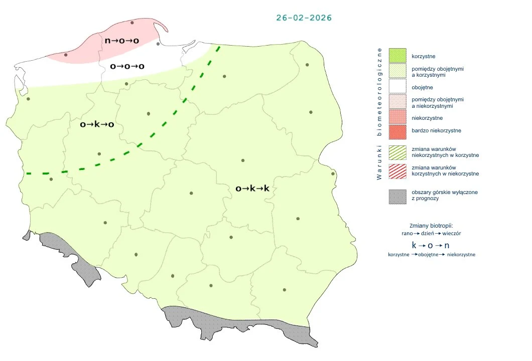 Kolorowa mapa Polski z zaznaczonymi różnymi strefami dotyczącymi korzyści i ograniczeń dla rolnictwa, oparta na danych biometeorologicznych, pokazuje m.in. obszary korzystne, obojętne i niekorzystne, a także zmiany warunków oraz blokady siewów.