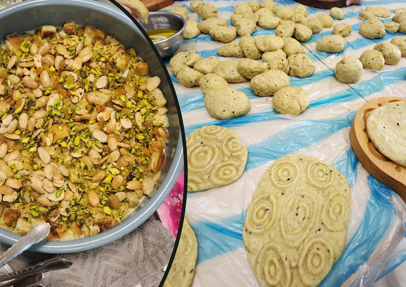 Ciotka z Jordanii, przygotowania do Ramadanu Taca z deserem posypanym migdałami i orzechami pistacjowymi ustawiona obok stołu z rozłożonymi surowymi kawałkami ciasta o różnych kształtach i wzorach, przygotowywanymi do pieczenia.