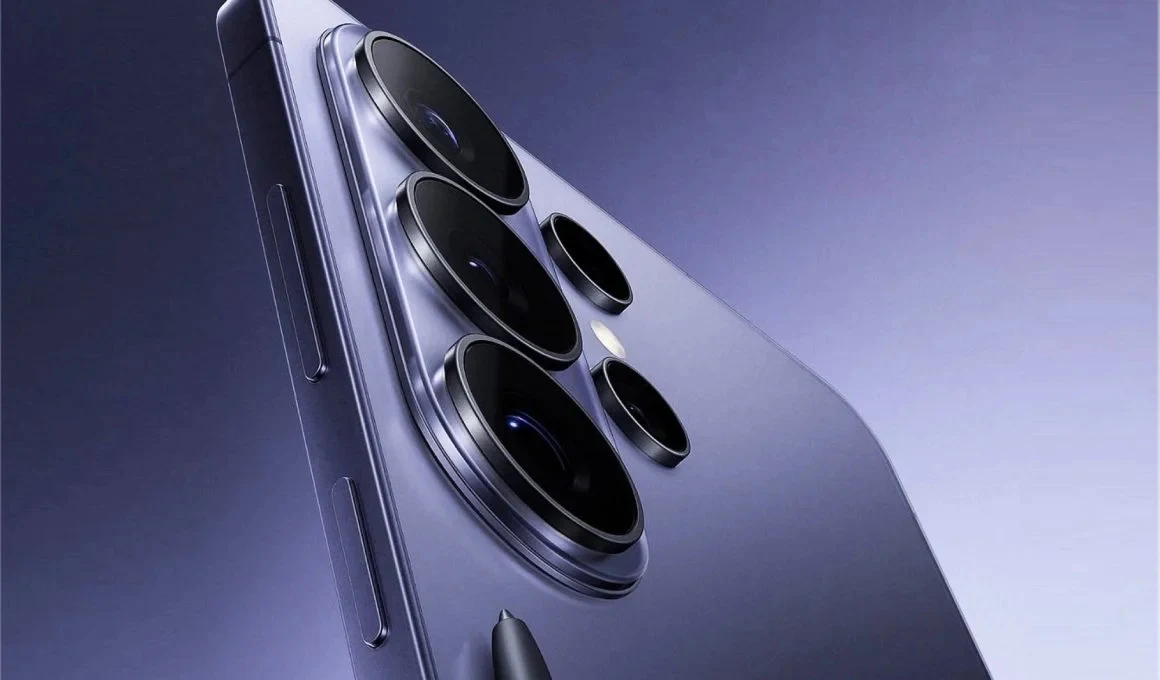 Metaliczna obudowa smartfona w fioletowym odcieniu z widocznym dużym, potrójnym modułem aparatów fotograficznych i przyciskami bocznymi, podkreślającymi zaawansowaną technologię urządzenia.