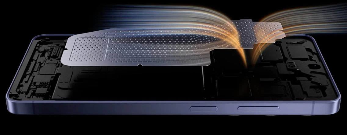 Przekrój przez wnętrze smartfona z widoczną płytą chłodzącą oraz falami symbolizującymi przepływ powietrza lub rozpraszanie ciepła.