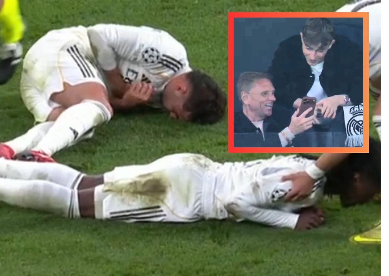 Dean Huijsen nie zachował się właściwie, gdy Raul Asencio doznał poważnej kontuzji Dwóch piłkarzy w białych strojach leży na murawie po kontakcie podczas meczu, jeden z nich trzyma się za głowę, a drugi leży twarzą do ziemi. W prawym górnym rogu ramka z dwoma mężczyznami obserwującymi telefon i śmiejącymi się, prawdopodobnie widzami ...