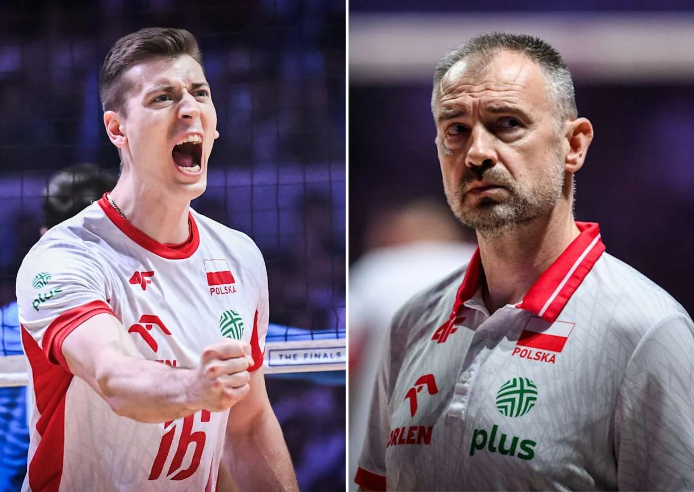 Kamil Semeniuk to ważna postać kadry Nikoli Grbicia Po lewej stronie młody mężczyzna w koszulce reprezentacji Polski do gry w siatkówkę, wykrzykujący silnie, gestykulując dynamicznie, w tle siatka. Po prawej starszy mężczyzna w podobnej koszulce z poważnym wyrazem twarzy, patrzący przed siebie.