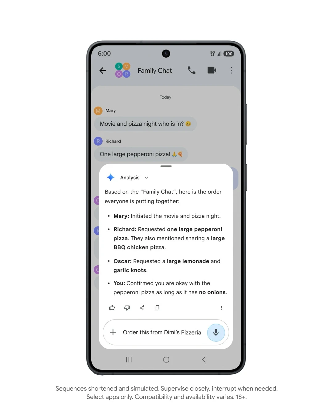 Ekran smartfona z otwartym czatem rodzinnym, na którym rodzi się rozmowa o wspólnym wieczorze filmowym i zamawianiu pizzy. Na ekranie widoczna jest również analiza wiadomości, podsumowująca zamówienie oraz interaktywny przycisk składania zamówienia.