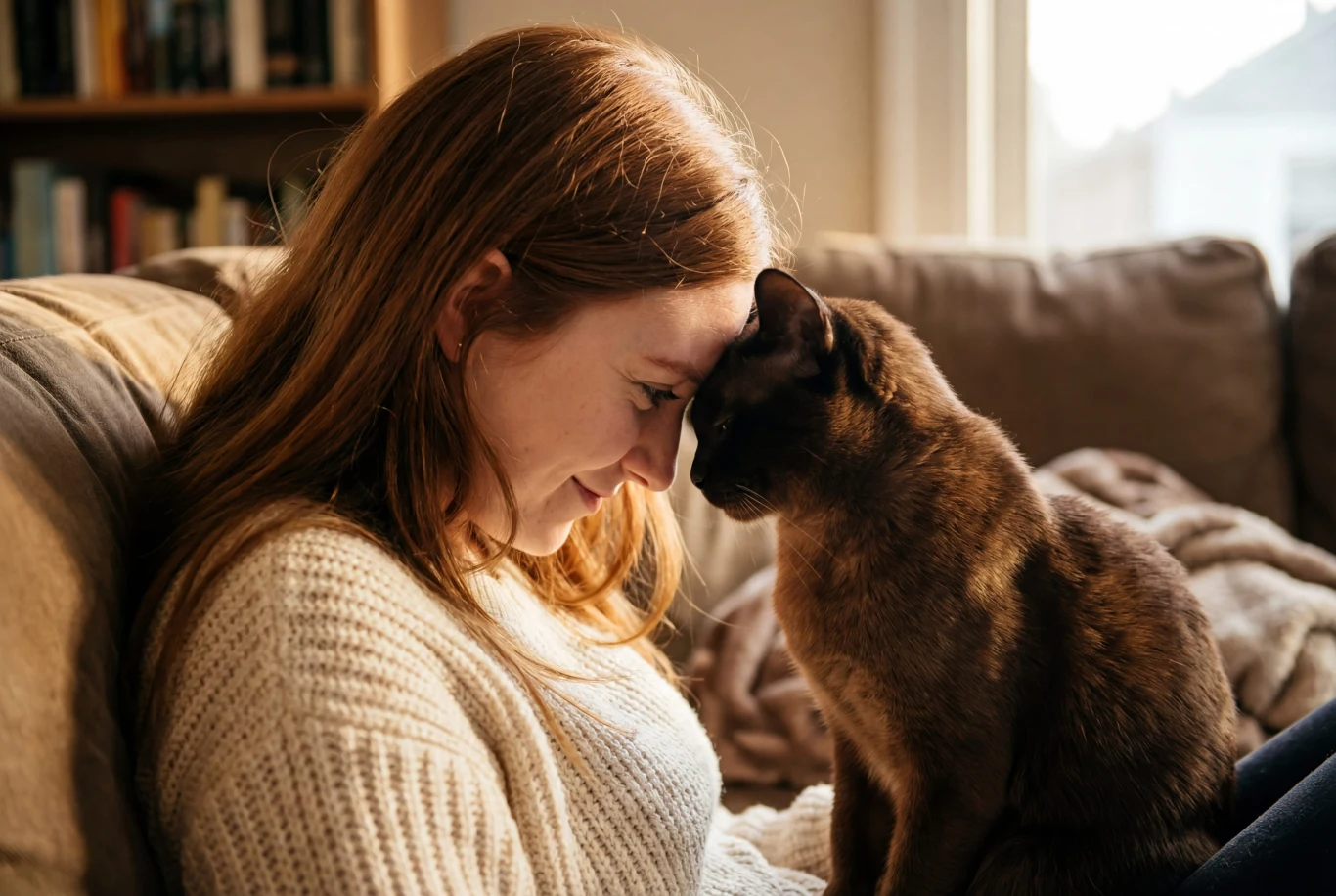 Kobieta z długimi rudymi włosami w jasnym swetrze siedzi na kanapie, przytulając głowę do kota o ciemnej sierści; atmosfera jest ciepła i pełna bliskości.