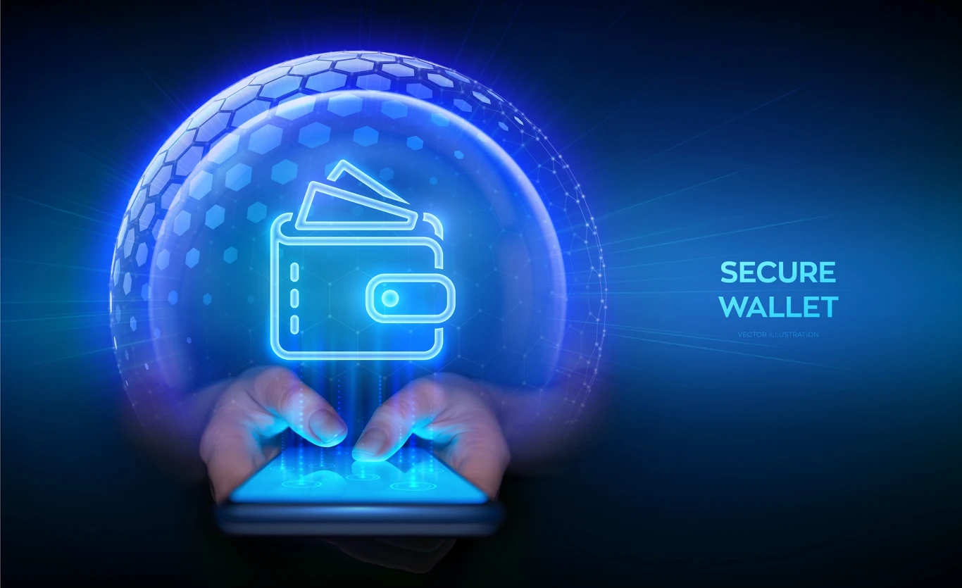 Ręce trzymają smartfon, z którego wyłania się hologram cyfrowego portfela oraz karta płatnicza, całość otacza niebieska, półprzezroczysta tarcza symbolizująca ochronę danych.
