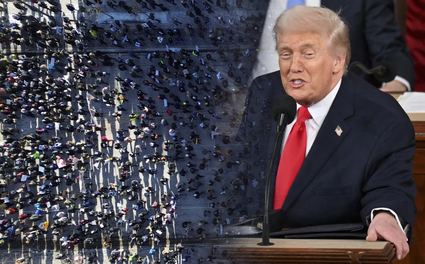 Amerykanie surowo oceniają politykę imigracyjną Donalda Trumpa i to, co robili agenci ICE Tłum ludzi widziany z góry po lewej stronie i osoba przemawiająca do mikrofonu po prawej stronie, ubrana w garnitur z czerwoną krawatą.