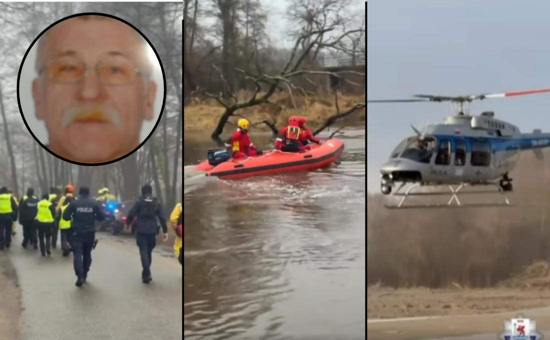 Poszukiwania 71-letniego Zbigniewa Gmura Policjanci i ratownicy w odblaskowych kamizelkach idą leśną drogą, ratownicy w czerwonym pontonie prowadzą działania na rzece, natomiast policyjny śmigłowiec unosi się tuż nad łąką. Owalna wstawka prezentuje portret starszego mężczyzny z wąsami i okula...