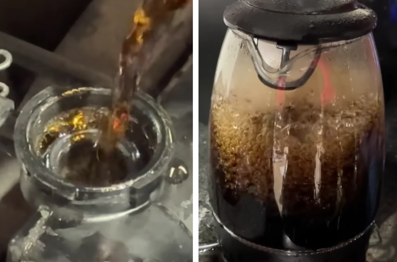 Pepsi zamiast płynu chłodzącego - co się stanie z silnikiem? Nalewanie ciemnego płynu do metalowego pojemnika oraz proces warzenia kawy lub herbaty w szklanym czajniku elektrycznym z widocznymi bąbelkami i parą.