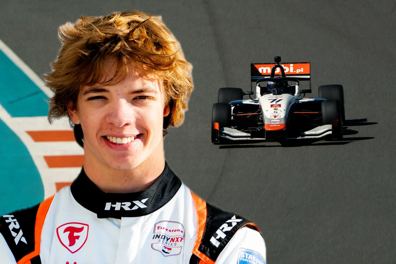 Tymek Kucharczyk 1 marca wystartuje w swoim pierwszym wyścigu w IndyNXT Młody mężczyzna w kombinezonie sportowym na pierwszym planie, w tle wyścigowy bolid na torze.