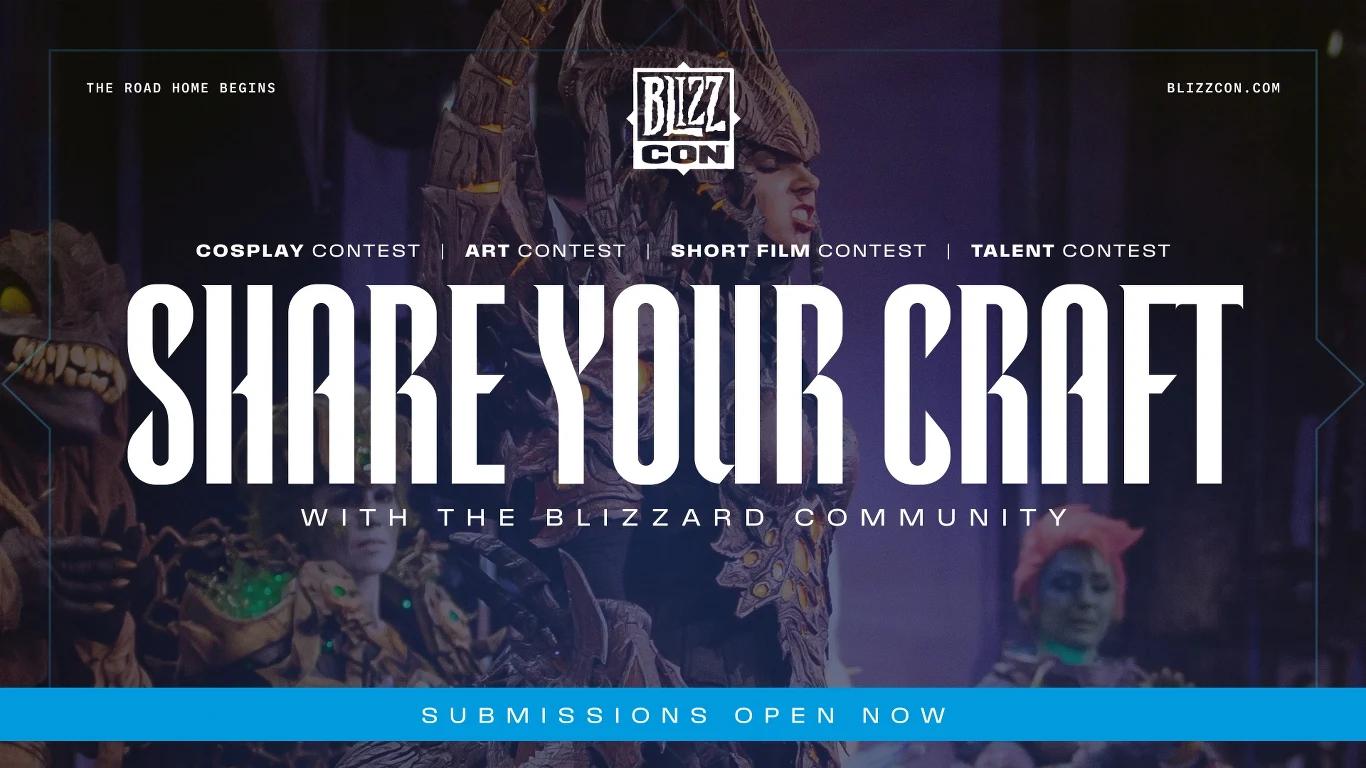 Plakat promujący wydarzenie BlizzCon z hasłem Share Your Craft oraz informacją o otwartych zgłoszeniach do konkursów cosplay, artystycznych, filmów krótkometrażowych i talentów. W tle postaci w kostiumach fantasy.