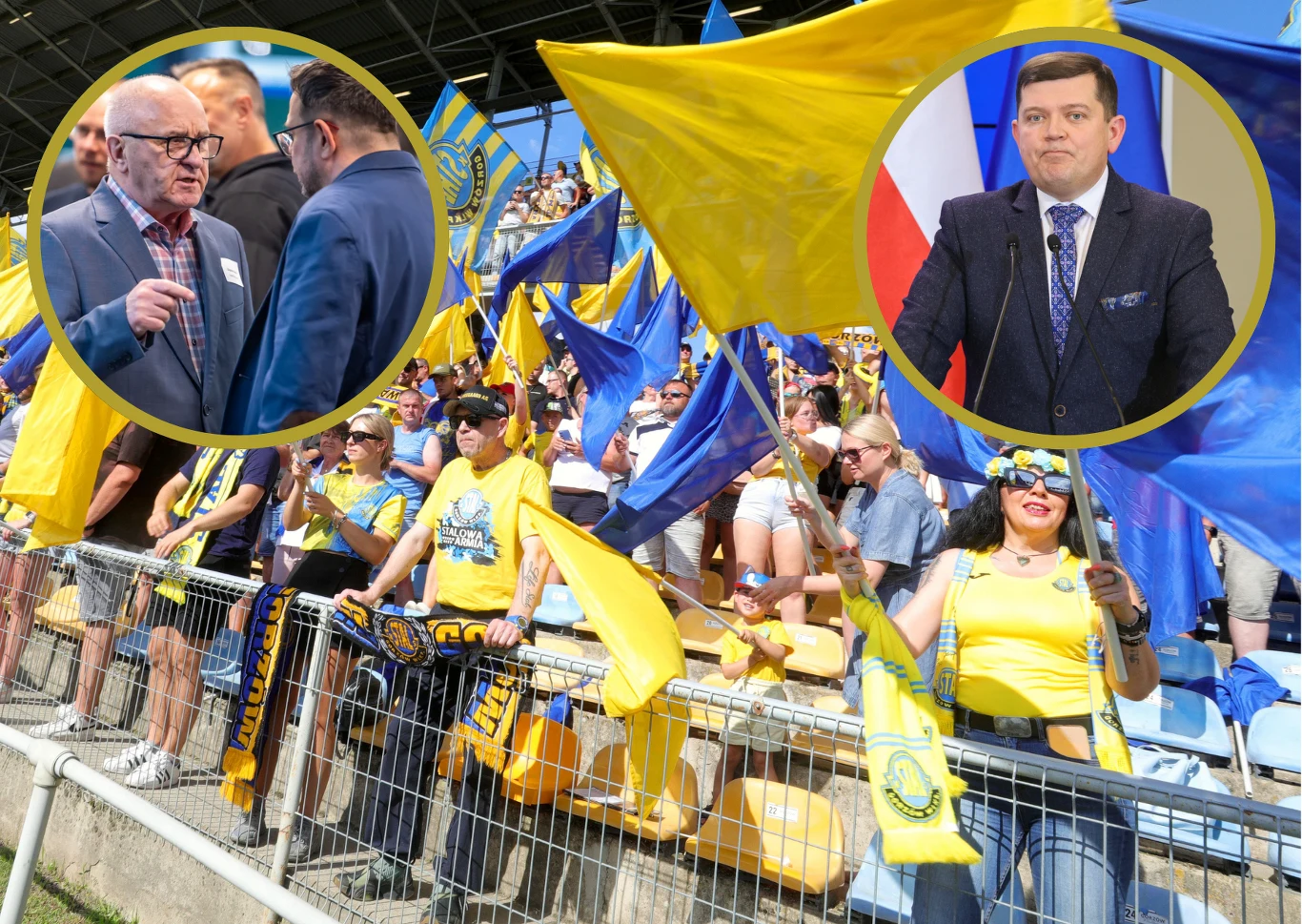 Udziałowcy Stali Gorzów chcieli odkręcić relacje z miastem. Poszli do prezydenta, ofertowali fotel wiceprezesa dla jego człowieka. Wszystko na nic. Tłum kibiców w żółto-niebieskich barwach na stadionie macha flagami. W dwóch okrągłych wstawkach widoczni są mężczyźni w garniturach podczas rozmowy i przemówienia przy mównicy.