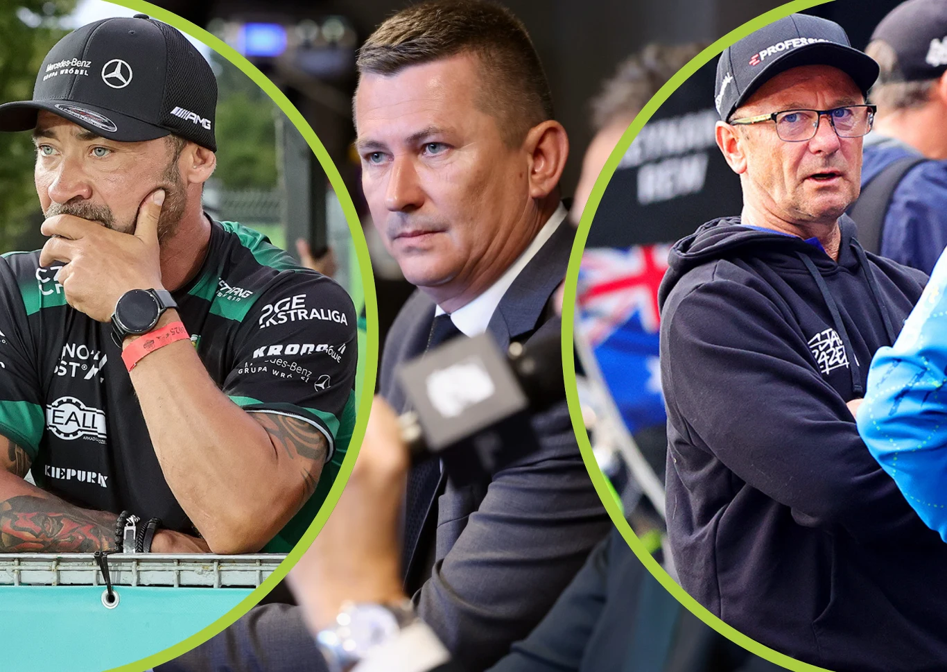 Bartłomiej Januszka zamknął temat. Już nie będzie rodzinnych kłótni Mariusza Staszewskiego z Piotrem Świstem. Trzech mężczyzn w różnych sytuacjach – jeden sportowo ubrany z tatuażami i czapką z daszkiem, drugi w eleganckim garniturze podczas oficjalnego wydarzenia, trzeci również w sportowej odzieży i okularach, w tle mała flaga oraz elementy świadczące o obec...