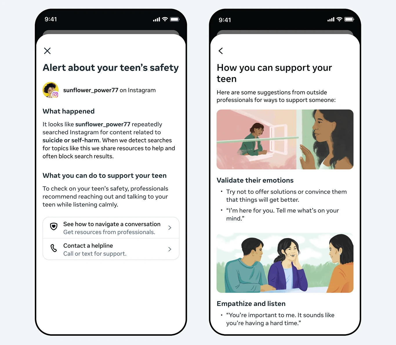 Meta zapewni rodzicom profesjonalne porady na temat tego, jak wspierać nastolatka i jak z nim rozmawiać Dwie smartfony z interfejsem aplikacji, na jednym ekran z ostrzeżeniem o wyszukiwaniu przez nastolatka niebezpiecznych treści na Instagramie, a na drugim sugestie wsparcia emocjonalnego dla rodzica, ilustrowane grafikami przedstawiającymi rozmowę i emp...
