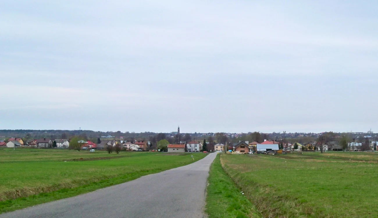 Ta najdłuższa nazwa miejscowości w Polsce to hit. Za jakiś czas przestanie istnieć? Prosta asfaltowa droga prowadząca przez zielone pola w kierunku małego miasteczka z zabudowaniami mieszkalnymi oraz pojedynczymi gospodarstwami, na horyzoncie niskie drzewa i widoczne zarysy kościoła, całość pod jasnym, pochmurnym niebem.