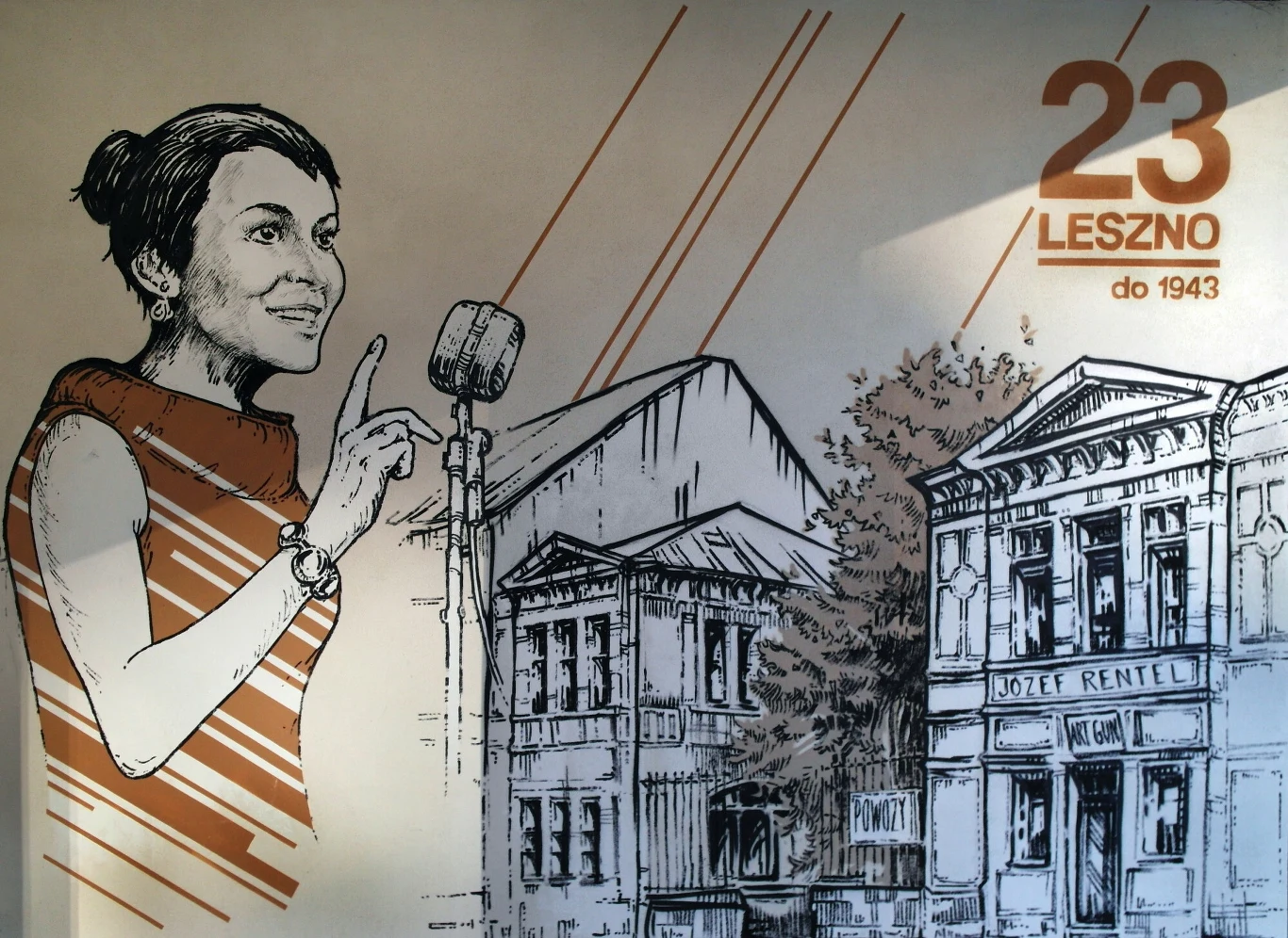 Rysunkowa postać kobiety przemawiającej do mikrofonu na tle historycznych budynków miejskich i napisu wskazującego ulicę Leszno 23 do 1943 roku.