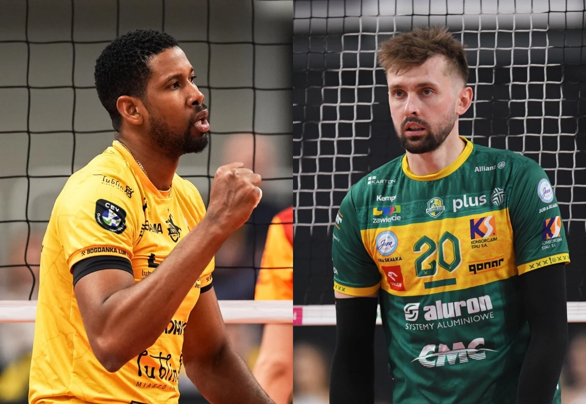 "Polski finał" Ligi Mistrzów. Możliwa powtórka. Jeden warunek spełniony Dwóch mężczyzn w strojach sportowych drużyn siatkarskich stoi na boisku przed siatką, jeden z nich świętuje ze zaciśniętą pięścią, drugi patrzy skupiony w stronę kamery.