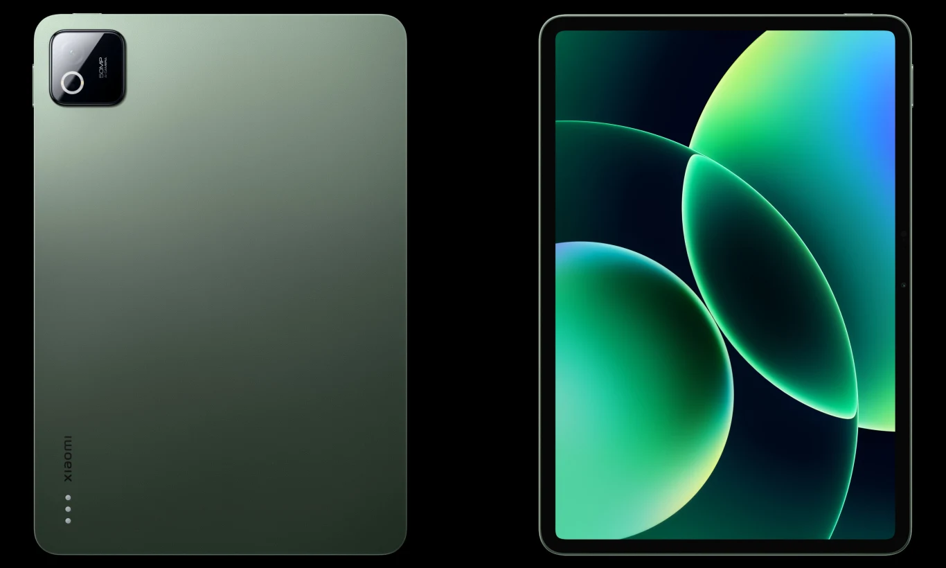 Nowoczesny tablet z zielonym metalicznym wykończeniem, pojedynczym dużym aparatem w narożniku tylnej obudowy oraz ekranem wypełnionym żywymi, abstrakcyjnymi kolorami zieleni i niebieskiego.