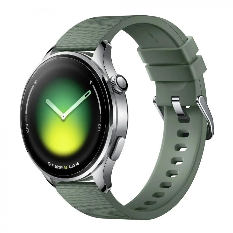 Zielony zegarek smartwatch z okrągłym, metalowym korpusem, nowoczesnym wyświetlaczem z gradientową tarczą i silikonowym paskiem z widoczną klamrą oraz wycięciami na długości paska.