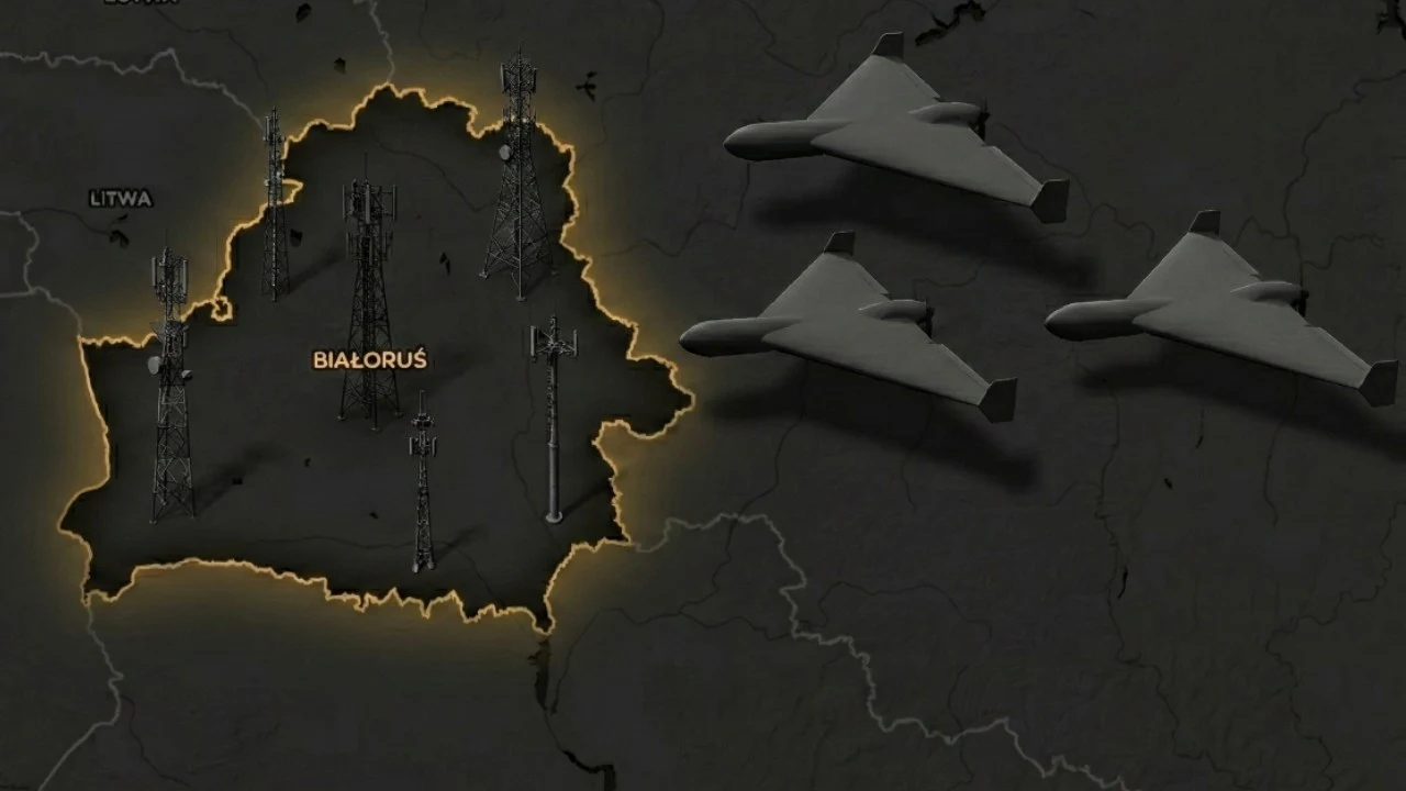 Mapa Białorusi z zaznaczonymi wieżami komunikacyjnymi, po prawej stronie trzy bezzałogowe drony lecące nad terytorium.