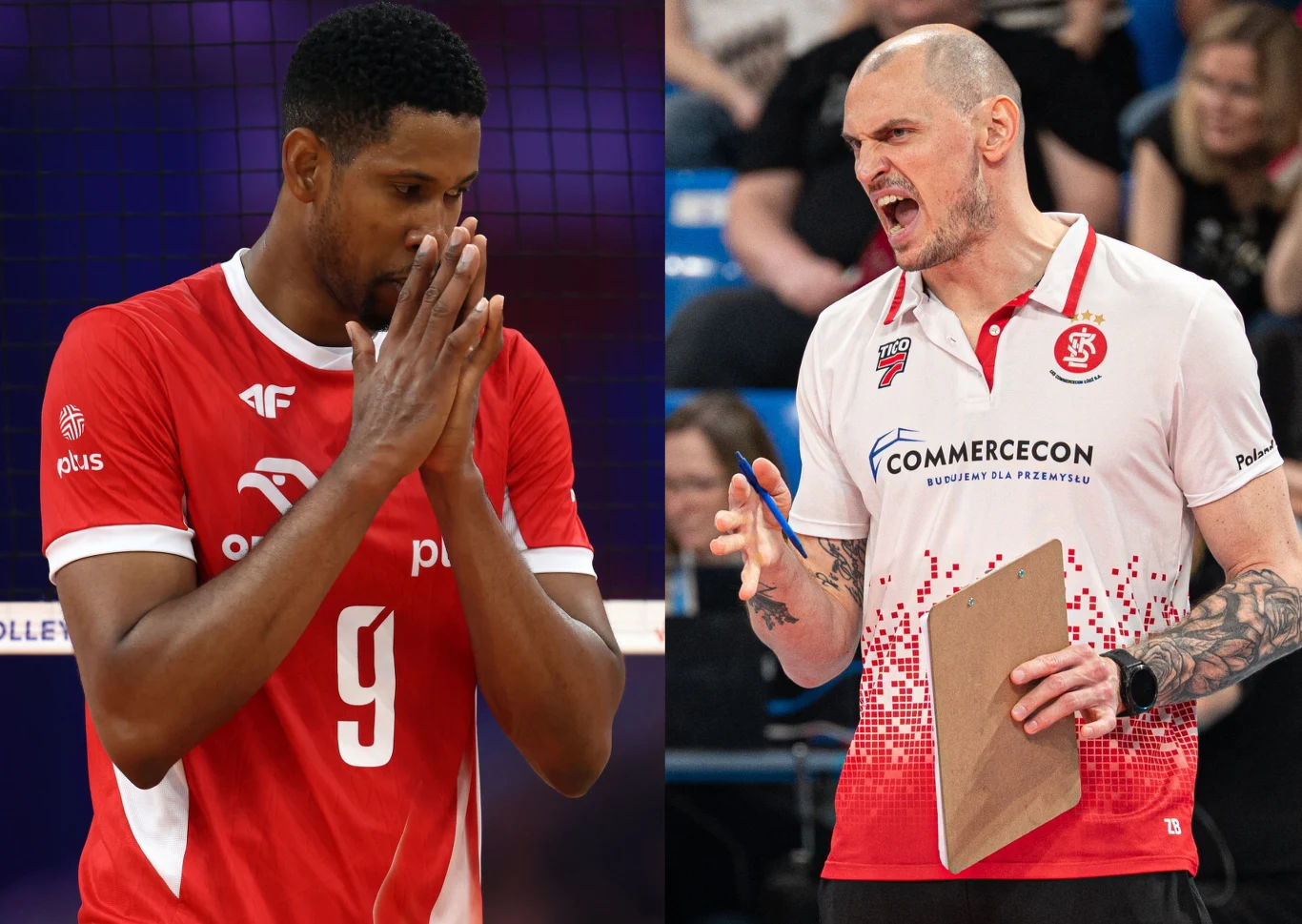 Wilfredo Leon i Zbigniew Bartman Dwóch mężczyzn w sportowych koszulkach, po lewej siatkarz w czerwonym stroju z numerem 9, ze splecionymi dłońmi przy twarzy, po prawej trener z tabliczką w dłoni, gestykulujący w trakcie rozmowy.