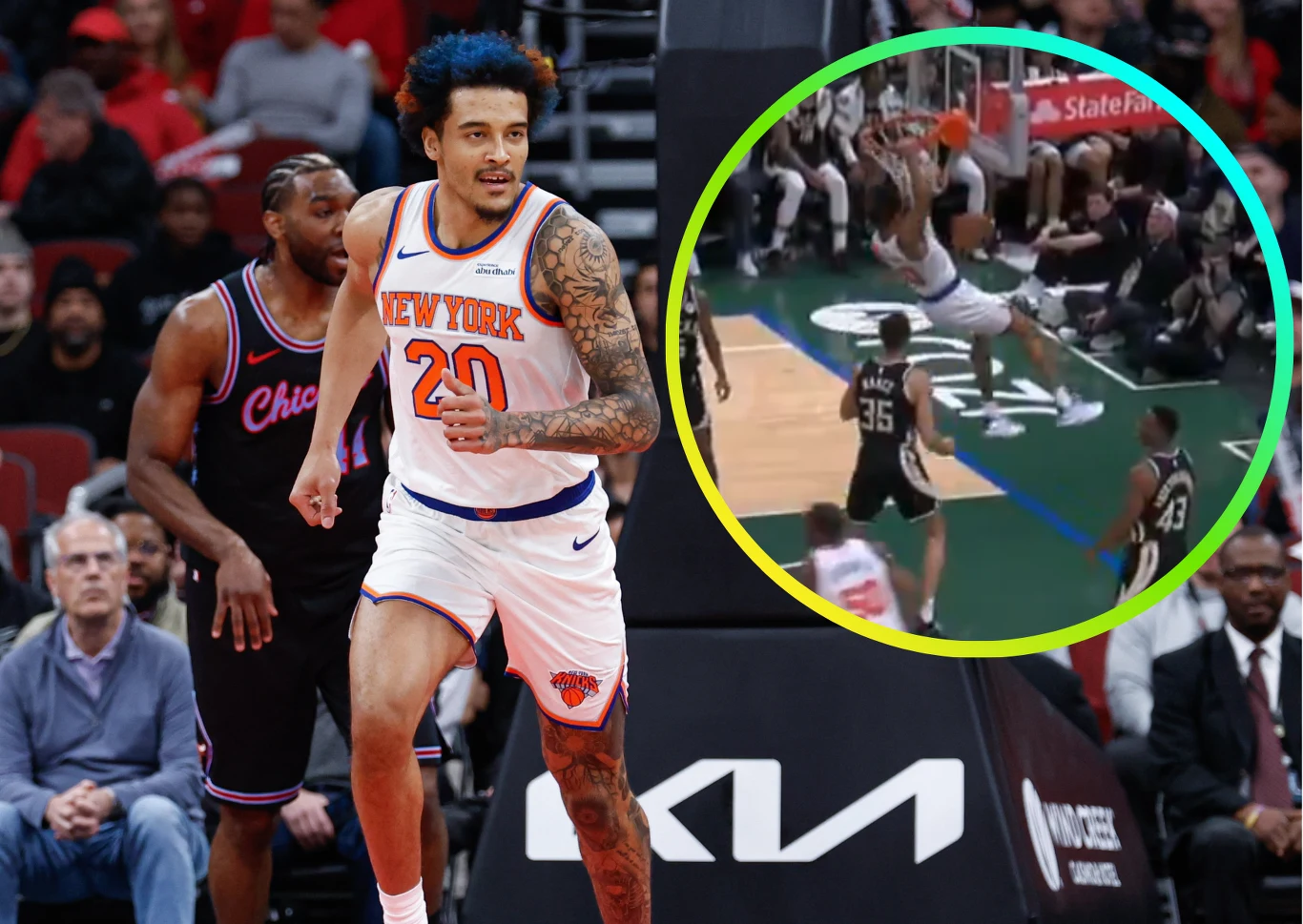 Jeremy Sochan Koszykarz drużyny New York Knicks biegnie po parkiecie podczas meczu, w tle zawodnik drużyny przeciwnej. W okrągłej wstawce dynamiczny moment wsadu do kosza podczas innego starcia koszykarskiego.