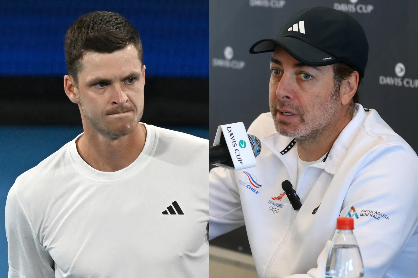 Hubert Hurkacz i Nicolas Massu współpracowali ze sobą od końca 2024 roku Dwóch mężczyzn w ubraniach sportowych w różnych lokalizacjach, z czego jeden patrzy poważnie w stronę obiektywu, a drugi siedzi przy stole z mikrofonem podczas konferencji prasowej.