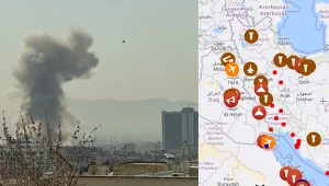 Po lewej dym nad Teheranem (AFP) 28.02.2026, po prawej mapa ostrzałów w regionie