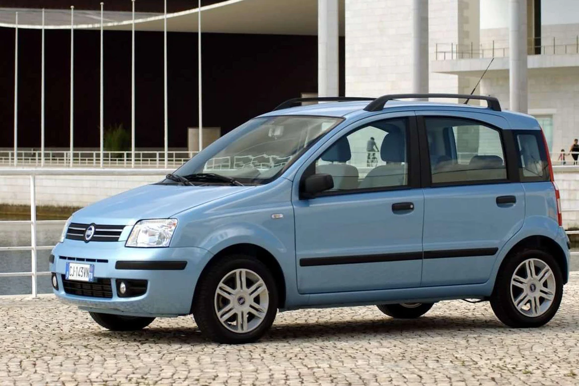 Jasnoniebieski samochód osobowy marki Fiat Panda zaparkowany na brukowanej powierzchni na tle nowoczesnego budynku o jasnych ścianach i dużych przeszkleniach.