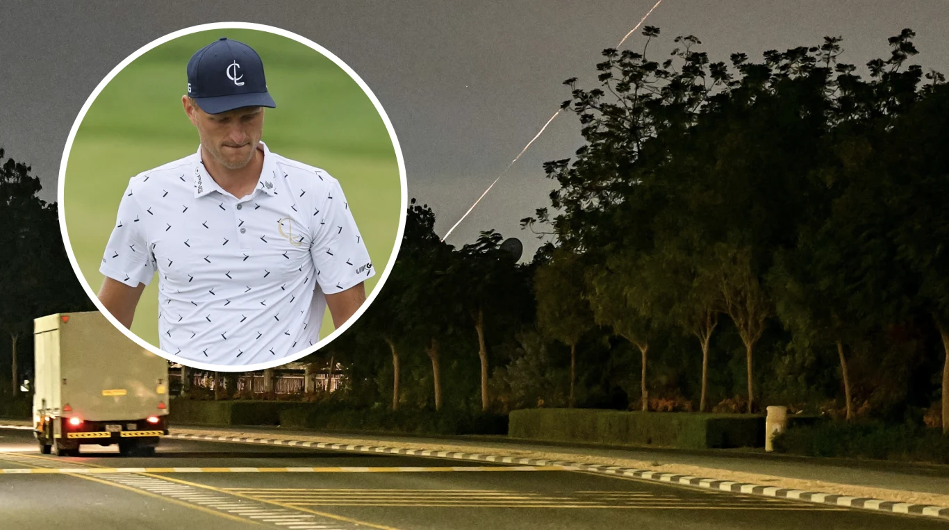 Adrian Meronk utknął w Dubaju Jasna ciężarówka jedzie pustą, oświetloną drogą nocą, w tle widać drzewa i niebo z jasną smugą, wstawione koło przedstawia golfistę w czapce i sportowej koszulce.