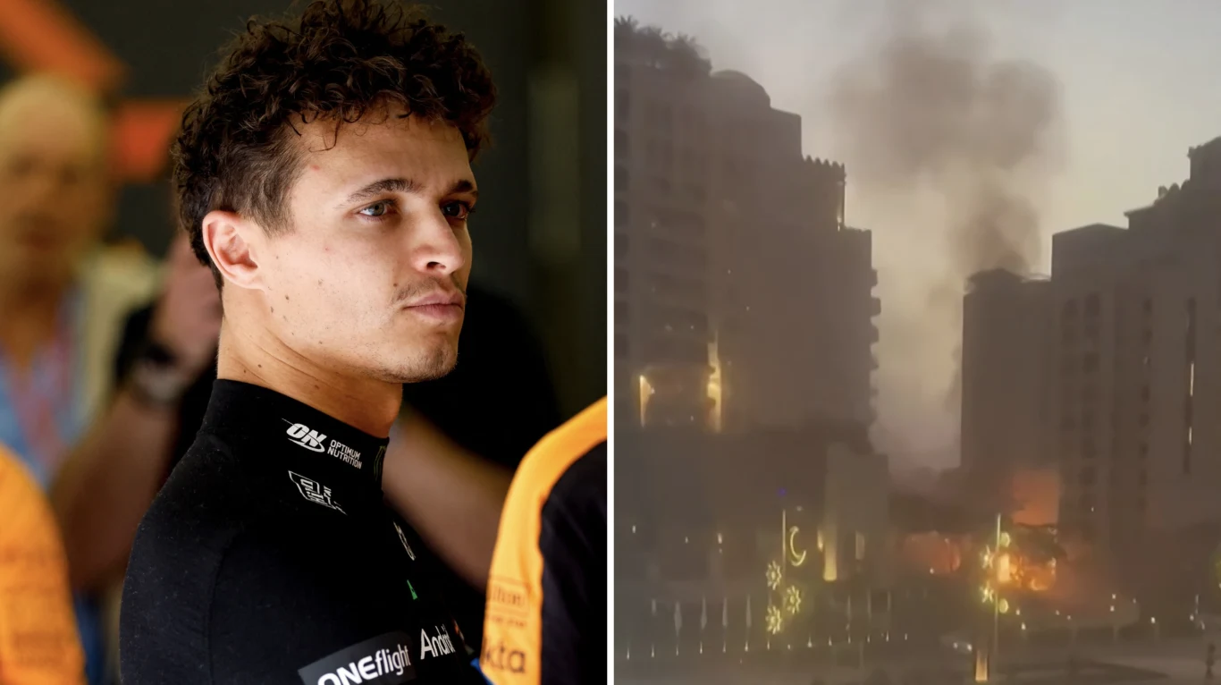 Wojna na Bliskim Wschodzie może spowodować odwołanie inauguracyjnego wyścigu F1 w Australii Po lewej stronie mężczyzna w czarnym stroju sportowym spoglądający w bok. Po prawej stronie zdjęcia panorama miasta o zmierzchu lub nocą, między wysokimi budynkami unosi się gęsty dym.