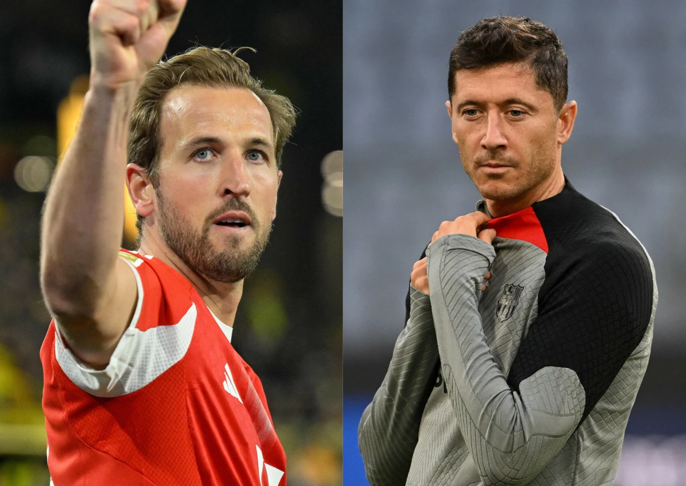 Dwóch mężczyzn ubranych w sportowe stroje piłkarskie, jeden z nich unosi rękę w geście triumfu, a drugi patrzy w bok z poważnym wyrazem twarzy.