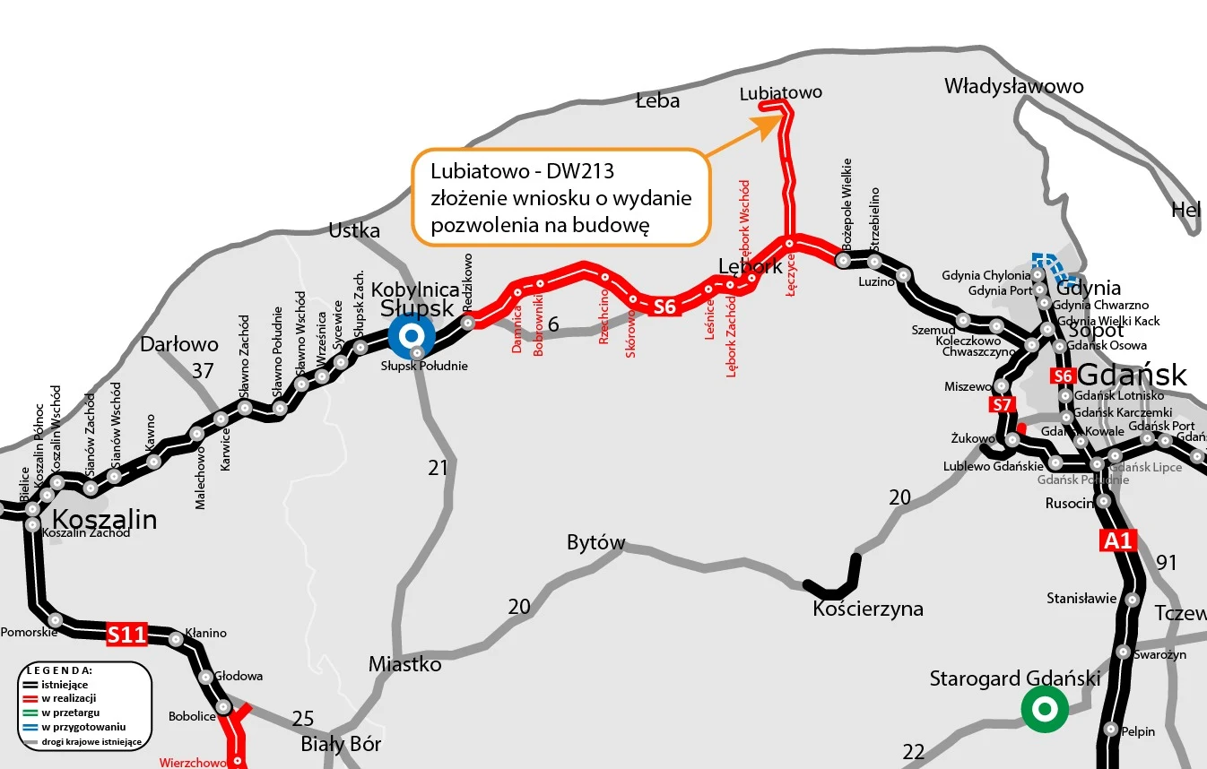 Mający 5 km odcinek Lubiatowo - DW213 jest kluczowy dla całej inwestycji Mapa północnej części Polski z zaznaczonymi drogami krajowymi, miastami takimi jak Gdańsk, Słupsk, Koszalin oraz wyróżnionym na czerwono odcinkiem trasy od Słupska do Lubiatowa, gdzie trwa procedura związana z pozwoleniem na budowę.
