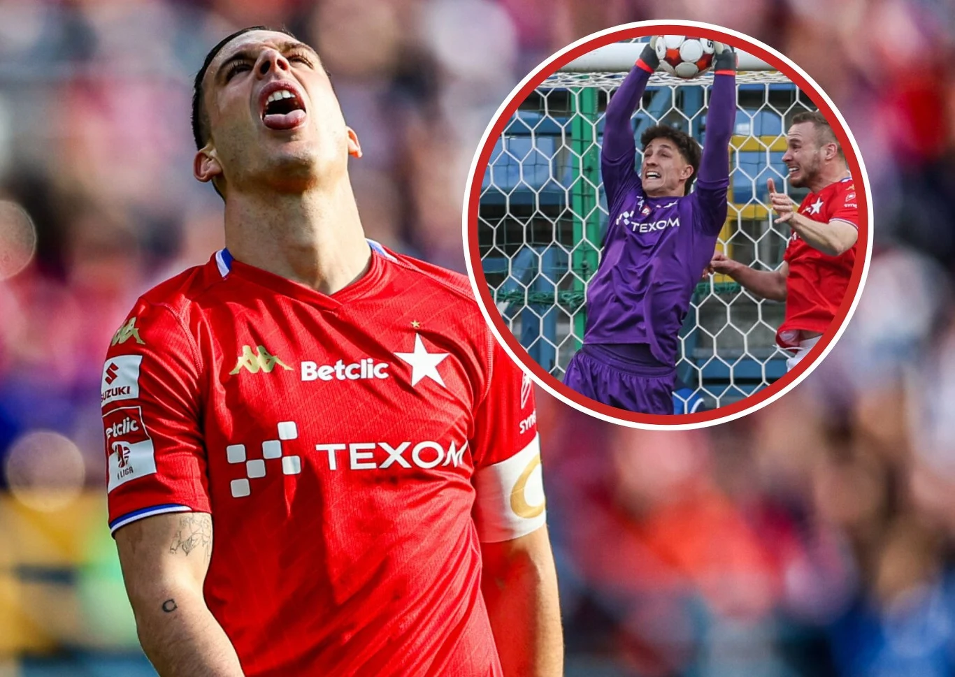 Bramkarz Patryk Letkiewicz popełnił fatalny błąd i Wisła Kraków znów straciła punkty Piłkarz w czerwonym stroju wyraża frustrację na boisku, a w okrągłej wstawce bramkarz w fioletowym stroju łapie piłkę nad swoją głową, podczas gdy inny zawodnik próbuje zdobyć gola.