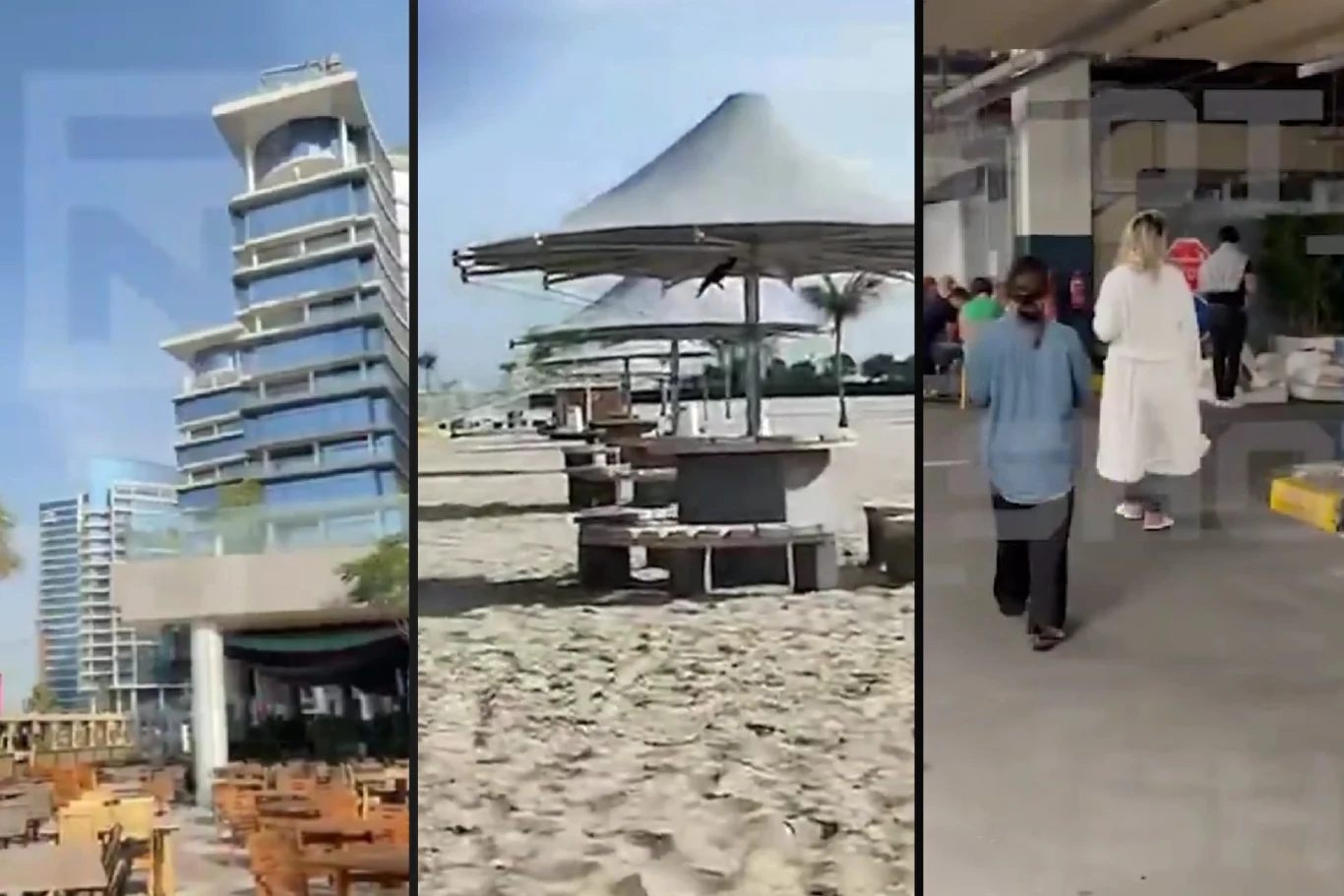 Dubaj opustoszał o irańskich atakach Nowoczesny budynek apartamentowy, pusty plażowy taras z parasolami oraz grupa ludzi ubranych swobodnie przechadzających się po parkingu podziemnym.