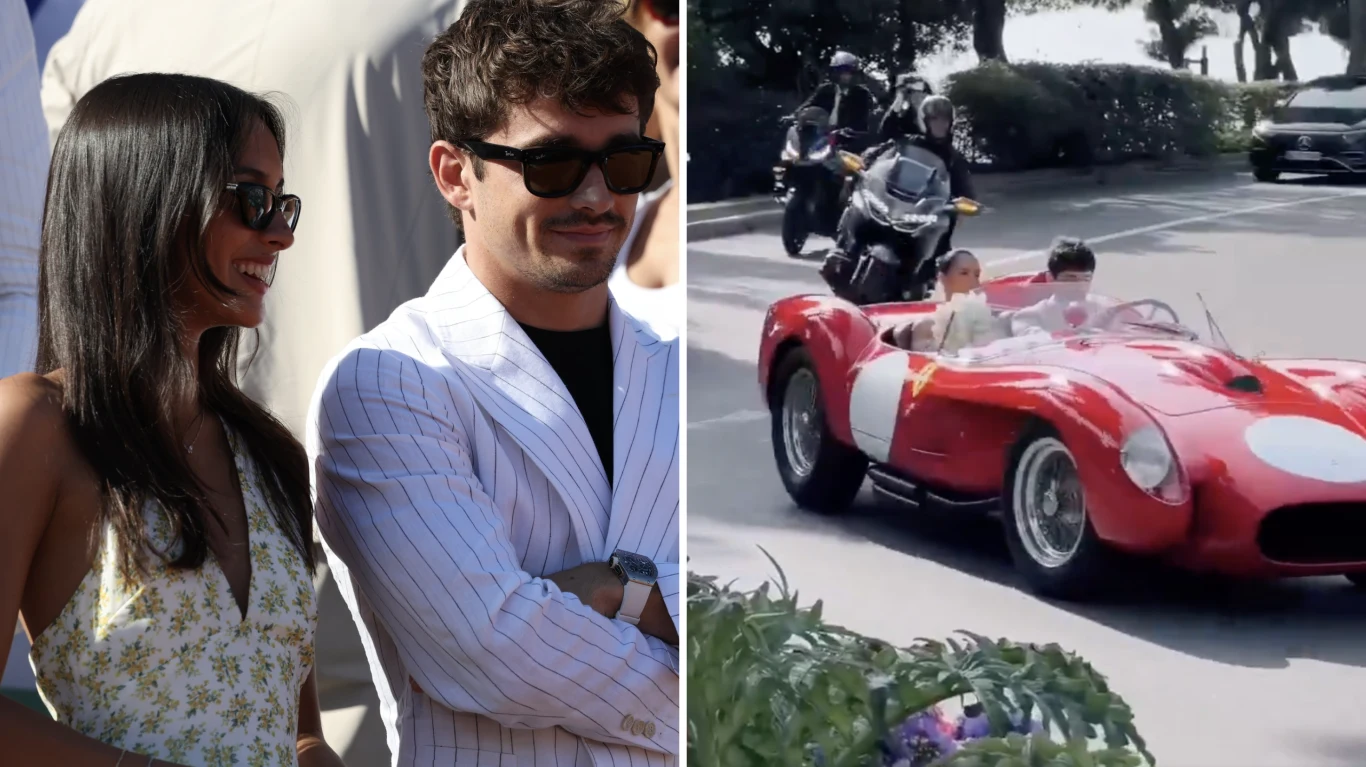 Charles Leclerc i Alexandra Saint Mleux wzięli ślub Po lewej stronie para młodych ludzi w eleganckich ubraniach noszących okulary przeciwsłoneczne, po prawej wyścigowy czerwony samochód kabriolet prowadzony przez mężczyznę z pasażerką na ulicy w otoczeniu zaparkowanych pojazdów i roślinności.
