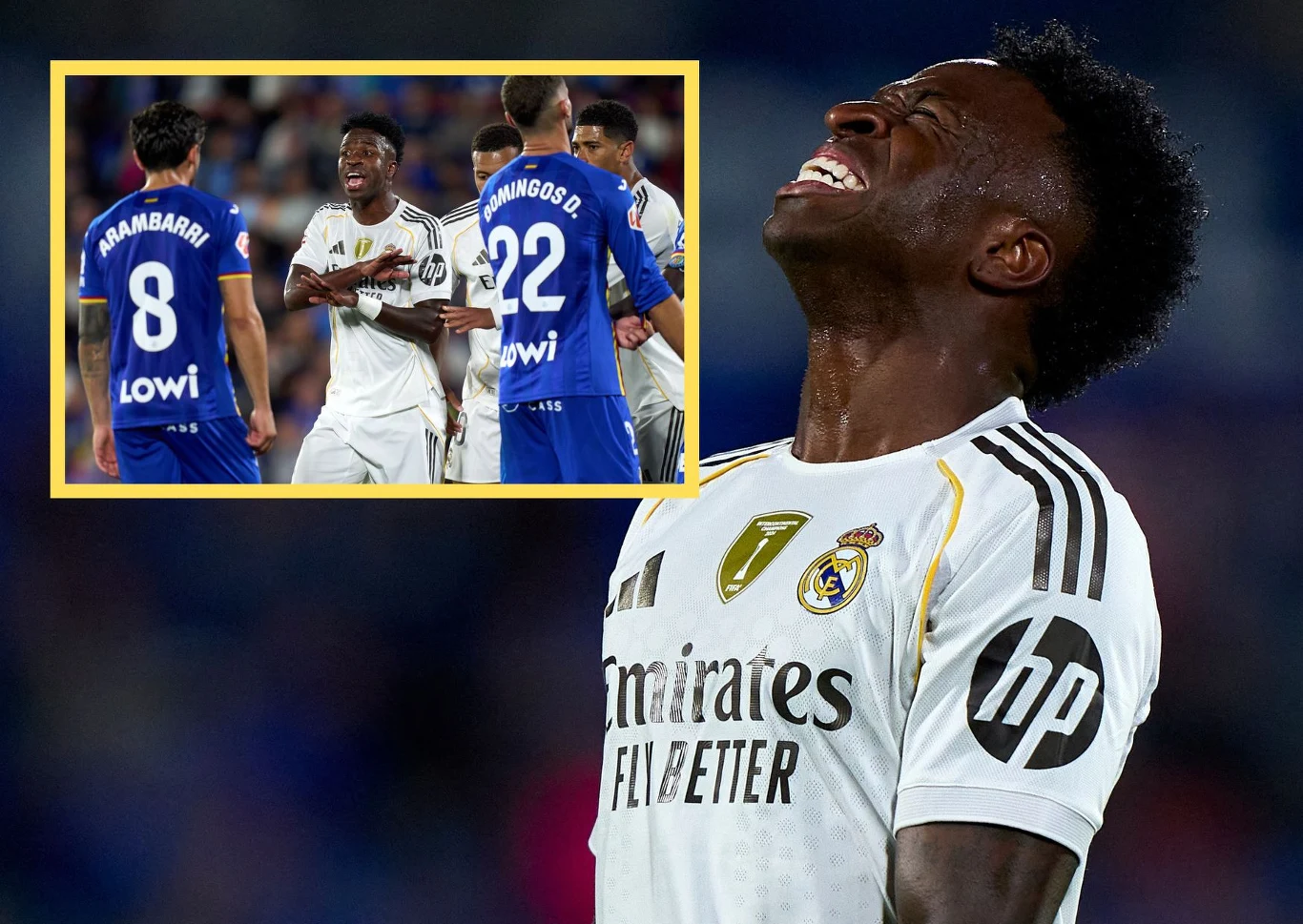 Vinicius wywalczył dwie czerwone kartki dla piłkarzy Getafe Piłkarz Realu Madryt w białym stroju wyraża frustrację lub rozczarowanie, z głową odchyloną do tyłu i zamkniętymi oczami. W lewym górnym rogu widoczna wstawka, na której zawodnik ten otoczony jest przez dwóch graczy w niebieskich koszulkach, najprawdop...