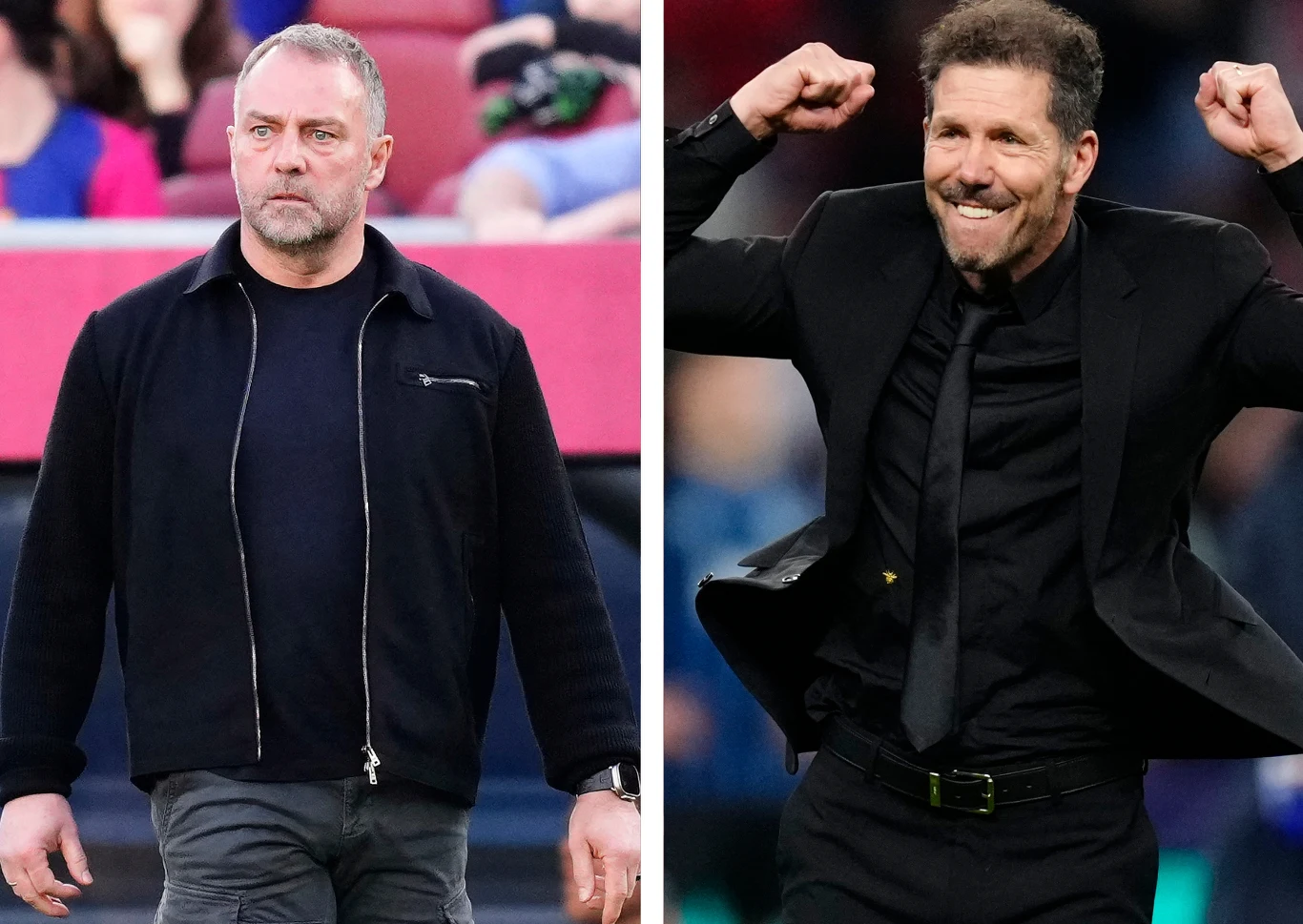 Dwóch mężczyzn w średnim wieku, każdy w osobnej części zdjęcia. Jeden ubrany w czarną kurtkę i koszulkę na tle stadionu, drugi w marynarce i koszuli z uśmiechem oraz zaciśniętymi pięściami w geście triumfu.