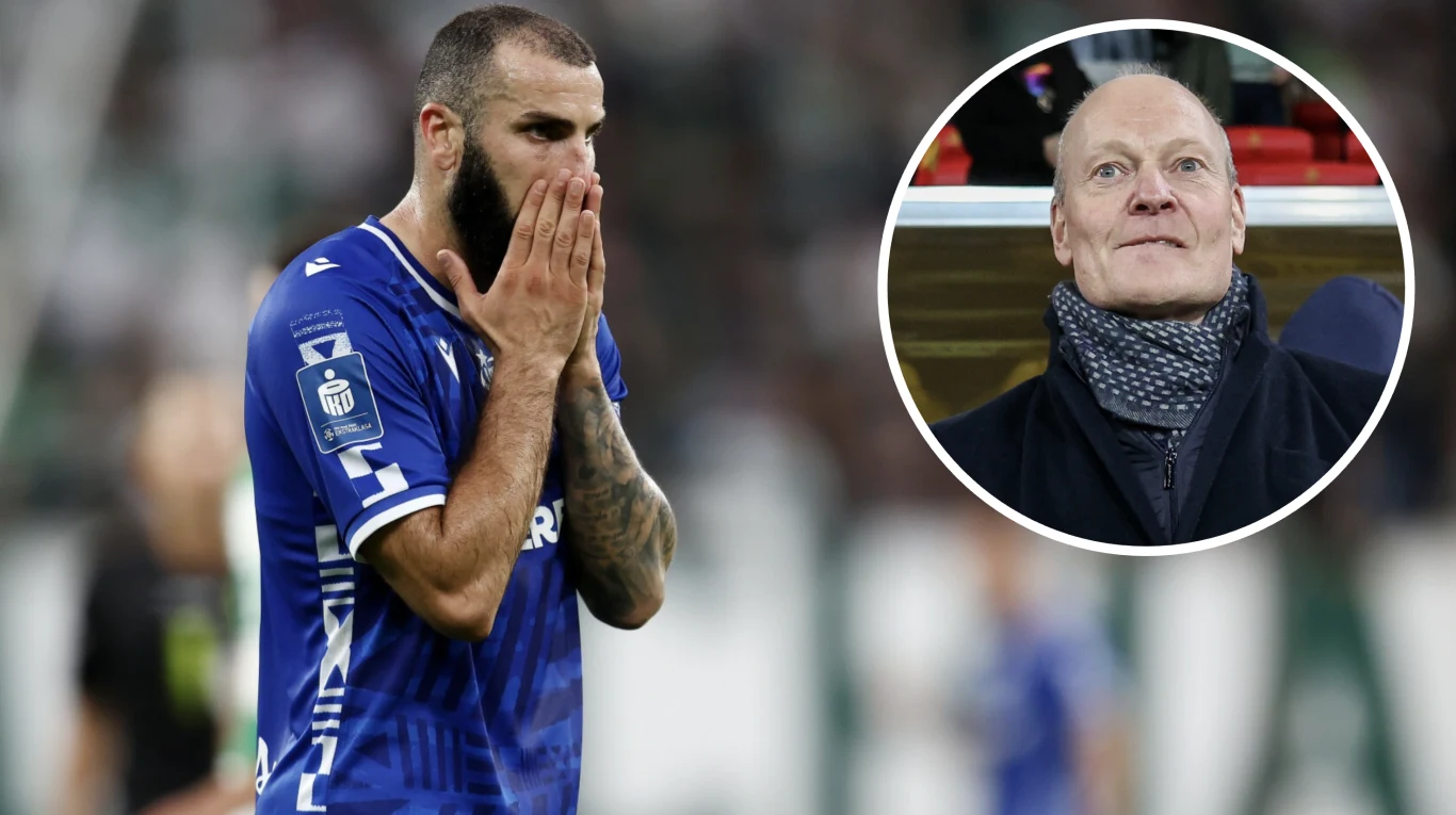 Mikael Ishak, Niels Frederiksen Piłkarz w niebieskiej koszulce z widocznym rozczarowaniem na twarzy zasłania dłonią usta, w tle niewyraźny stadion, w okrągłym kadrze zbliżenie mężczyzny w szaliku patrzącego przed siebie.